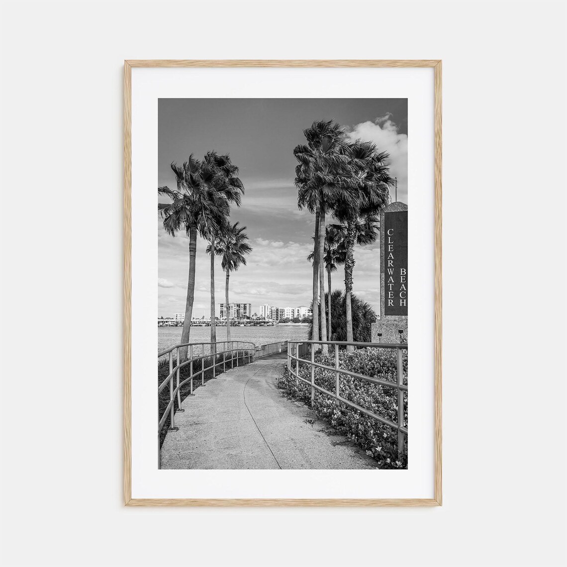 Clearwater Beach Sign and Palms Black and White Florida Poster