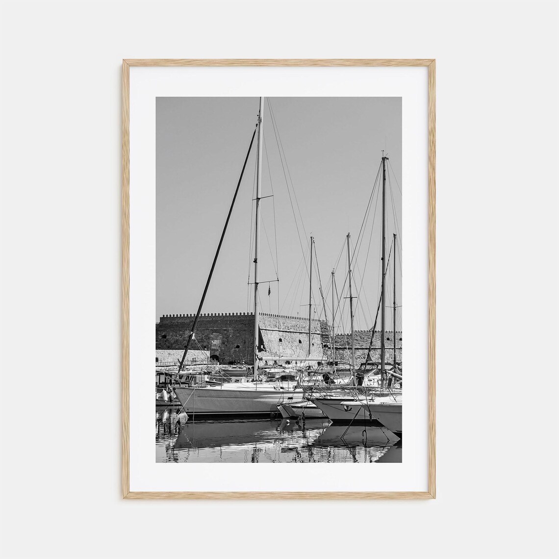 Sailboats Moored Before A Historic Stone Fortress Black White Poster