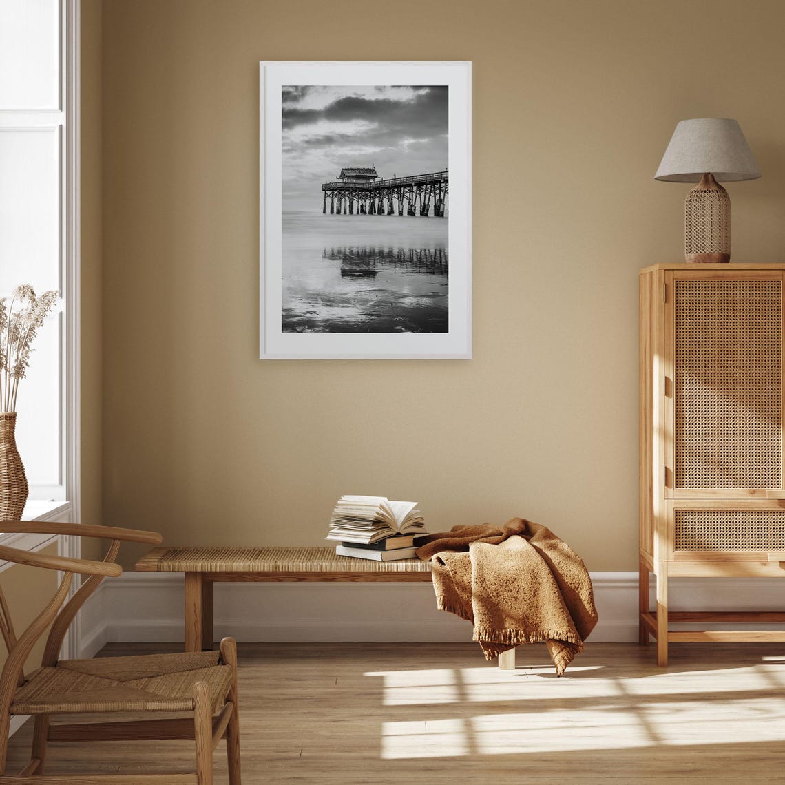 Weathered Wooden Pier Over Calm Sea Black and White Ocean Poster - Image 3