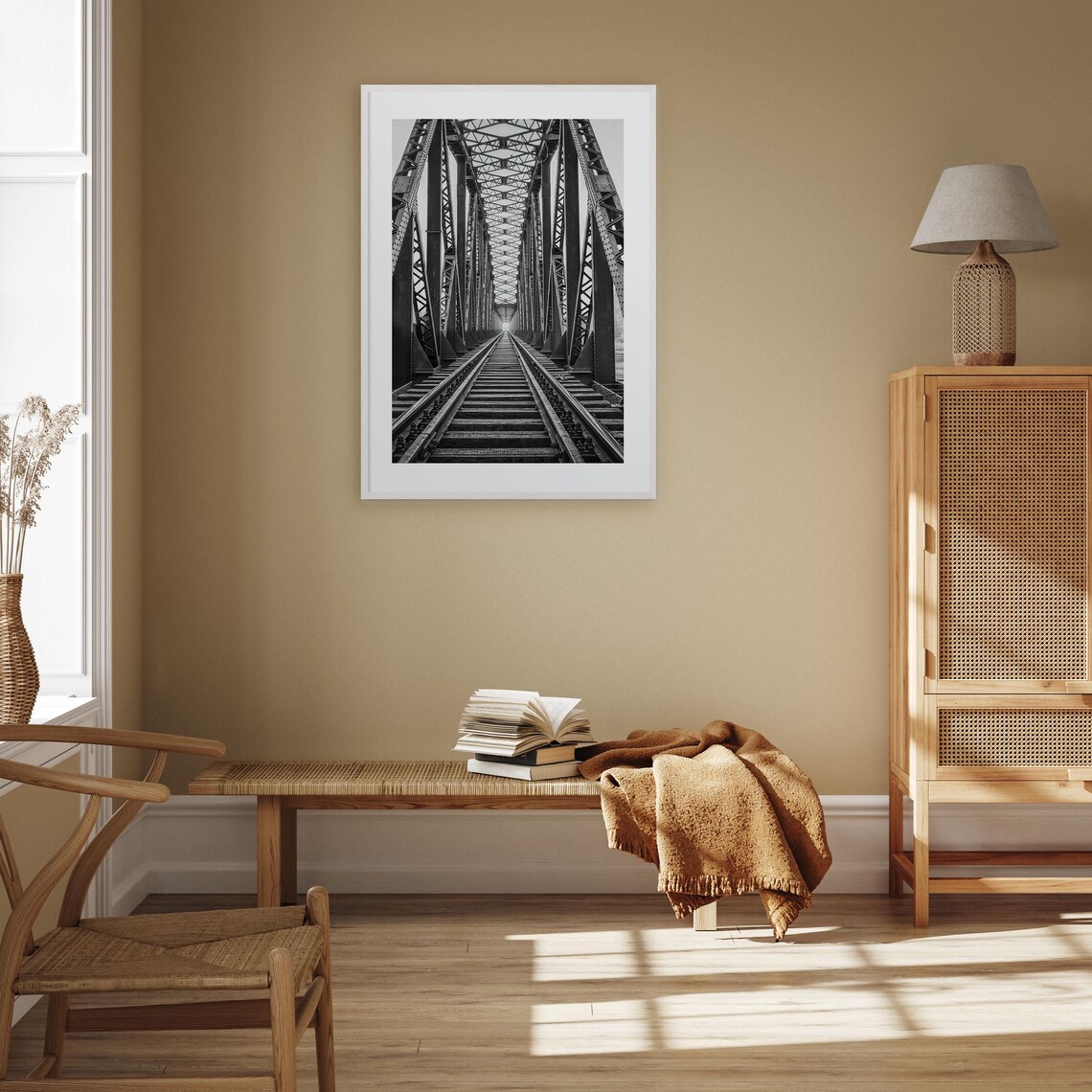 Steel Railway Truss Bridge Perspective Black White Photography Poster - Image 3