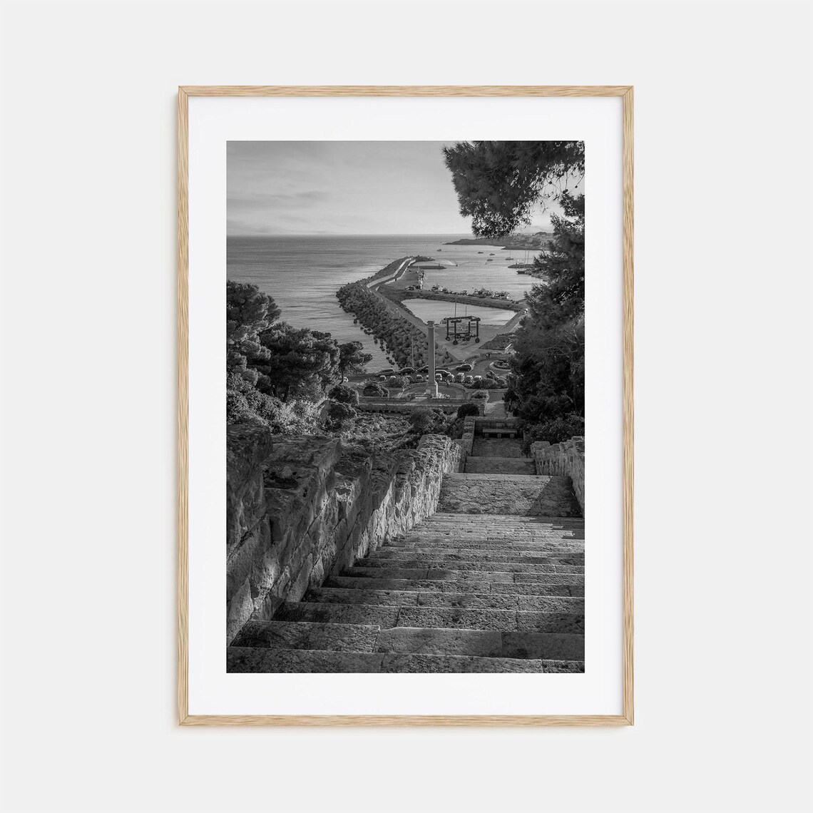 Stone Staircase To Seaside Harbor Black And White Photo Poster
