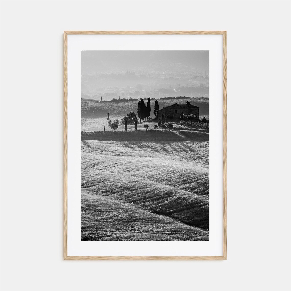 Tuscany Hillside Farmhouse Cypress Trees Black And White Poster