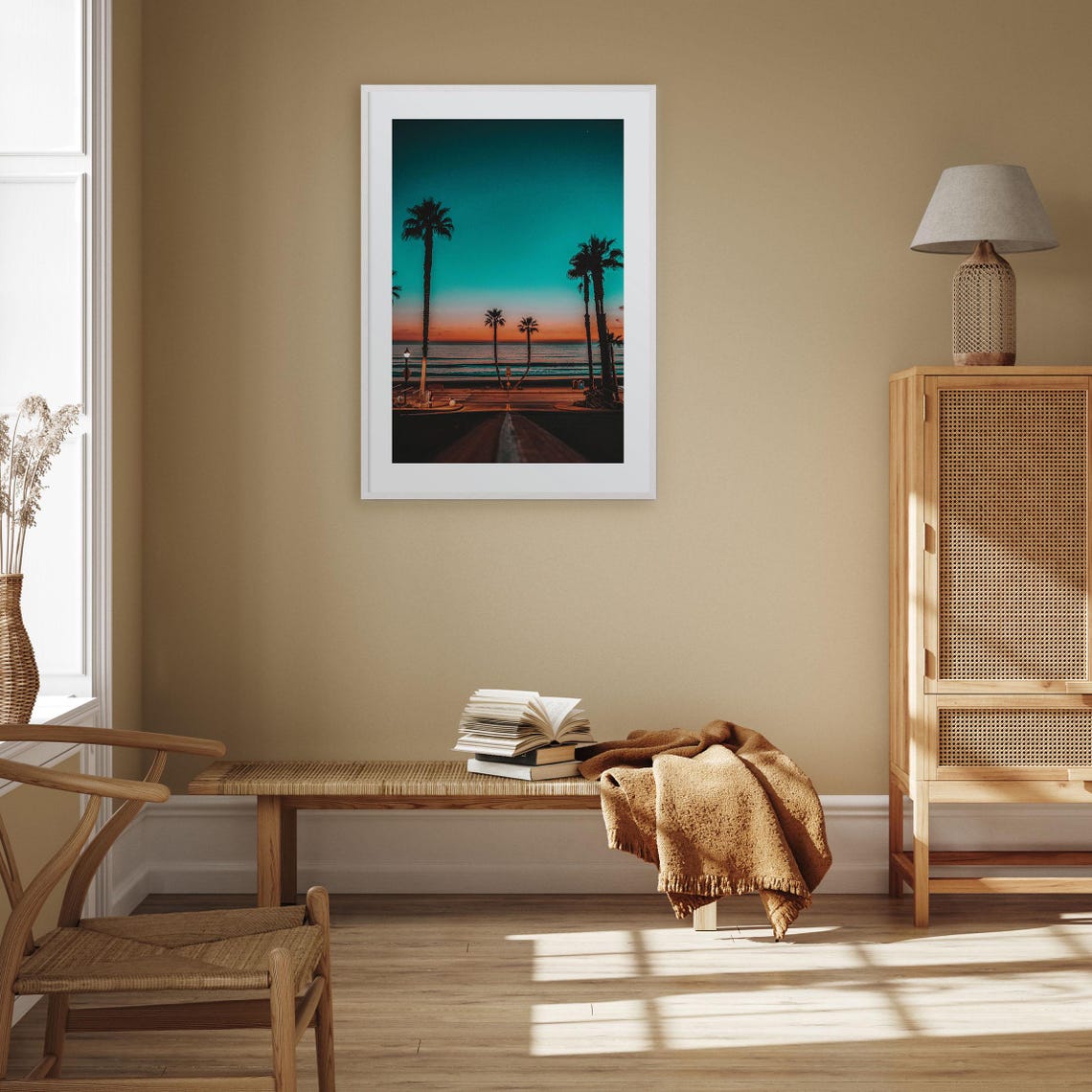 Palm Tree Silhouettes at Sunset Over Ocean Street to Beach Poster - Image 3