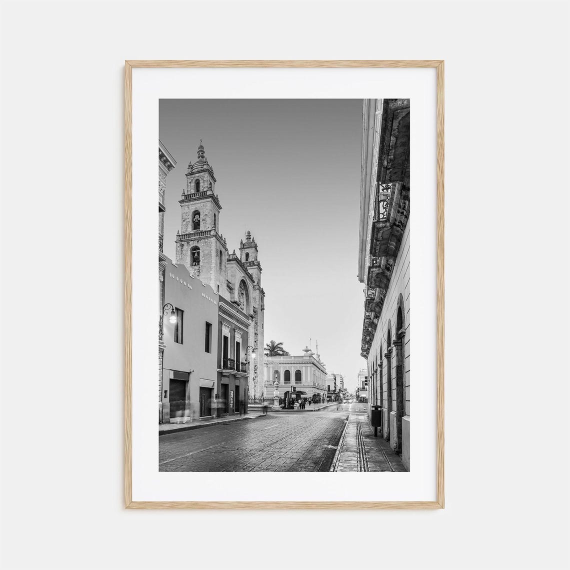 Merida Mexico Cathedral Towers Colonial Street Black and White Poster