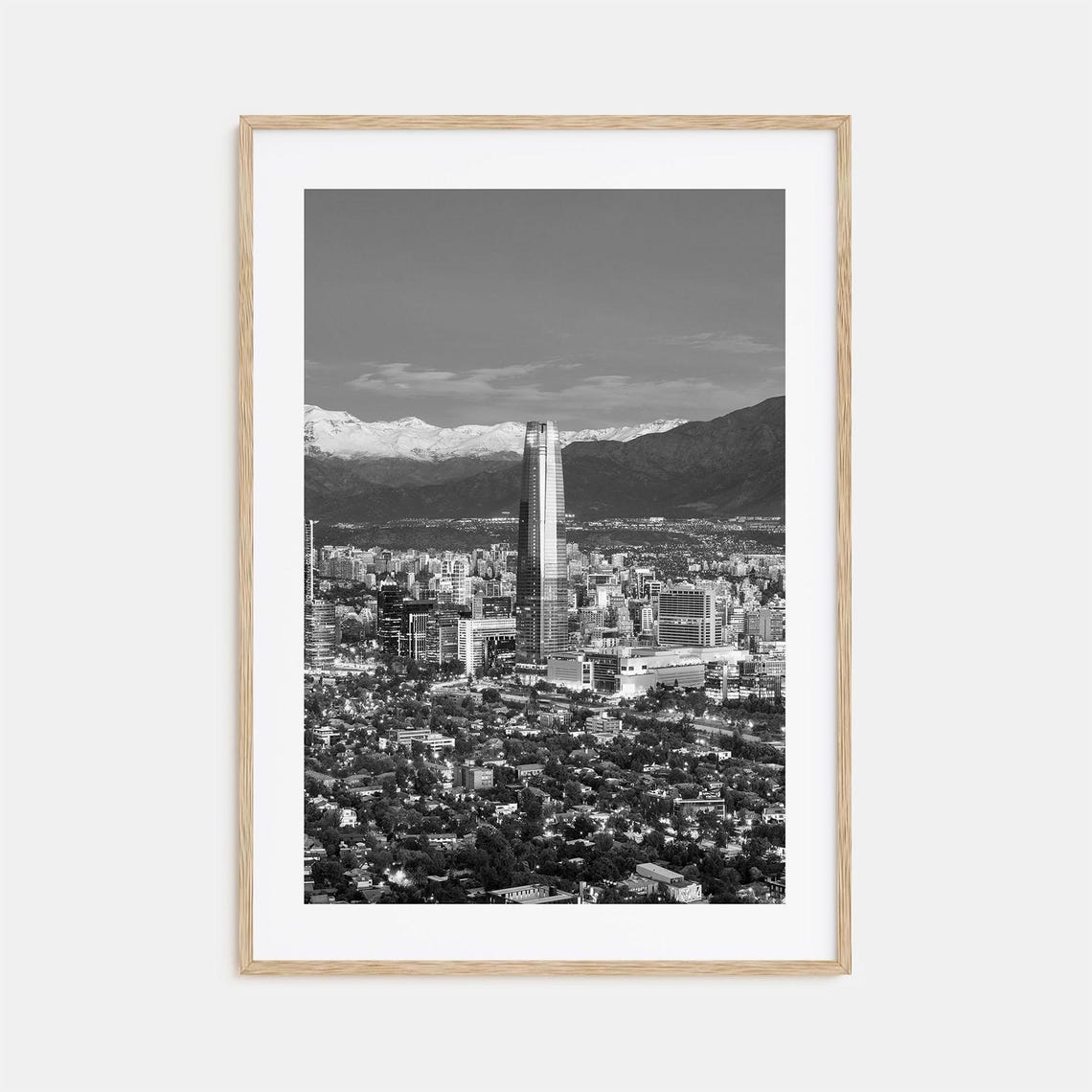 Santiago de Chile Skyline Andes Snow Peaks Black and White Poster