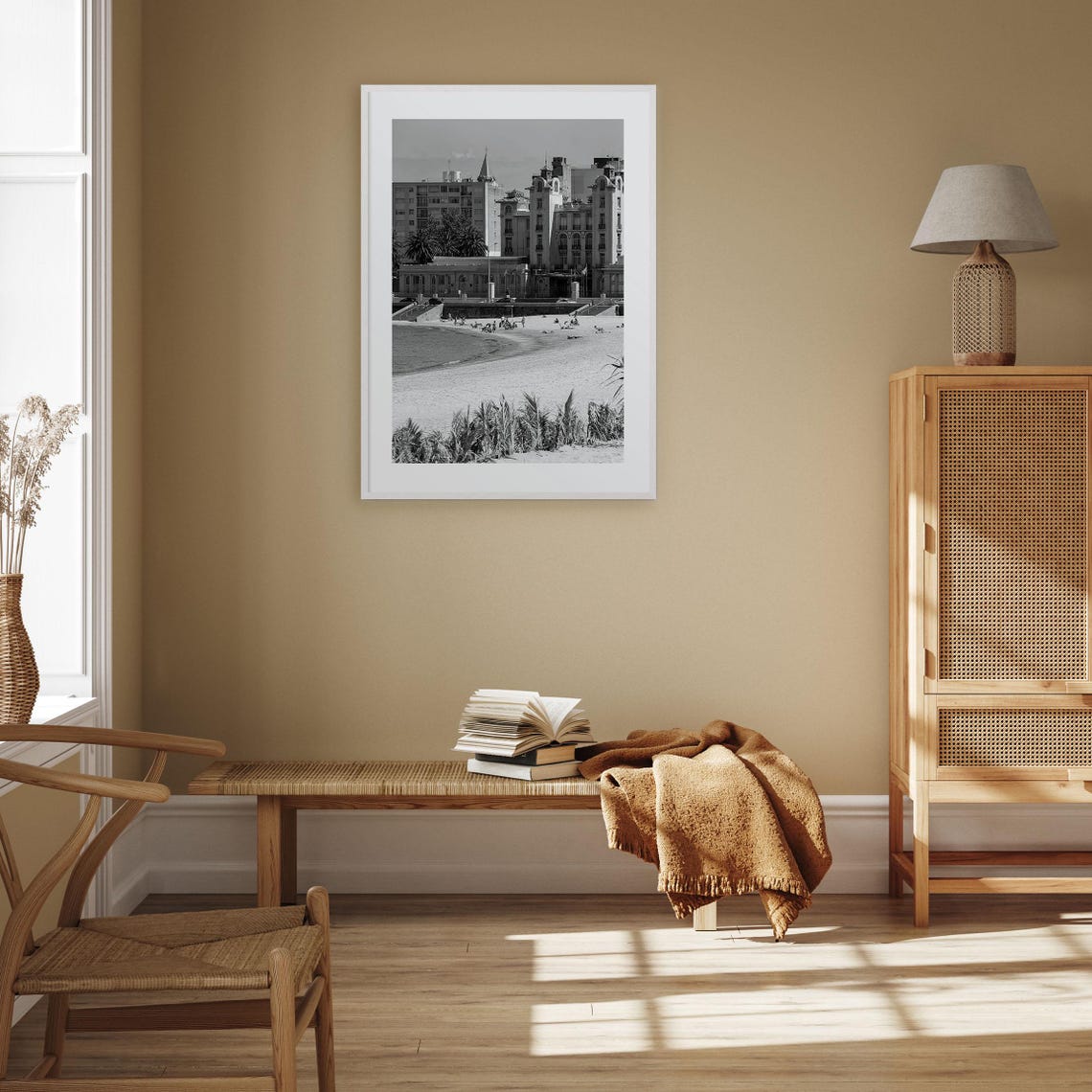 Montevideo Rambla Beach Historic Buildings Black And White Poster - Image 3