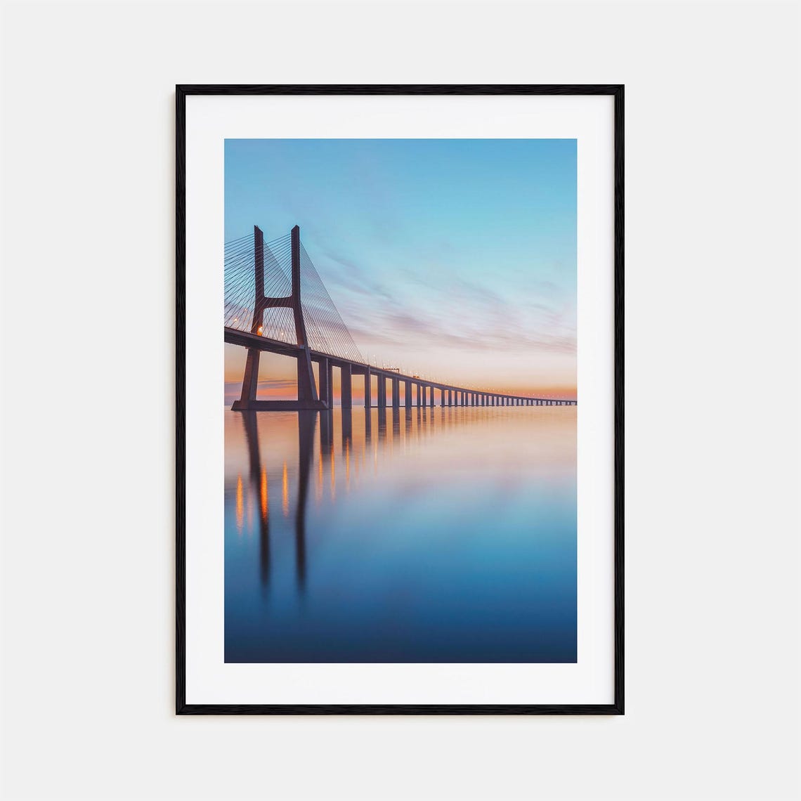 Long Cable Stayed Bridge Sunset Calm Water Reflection Art Print
