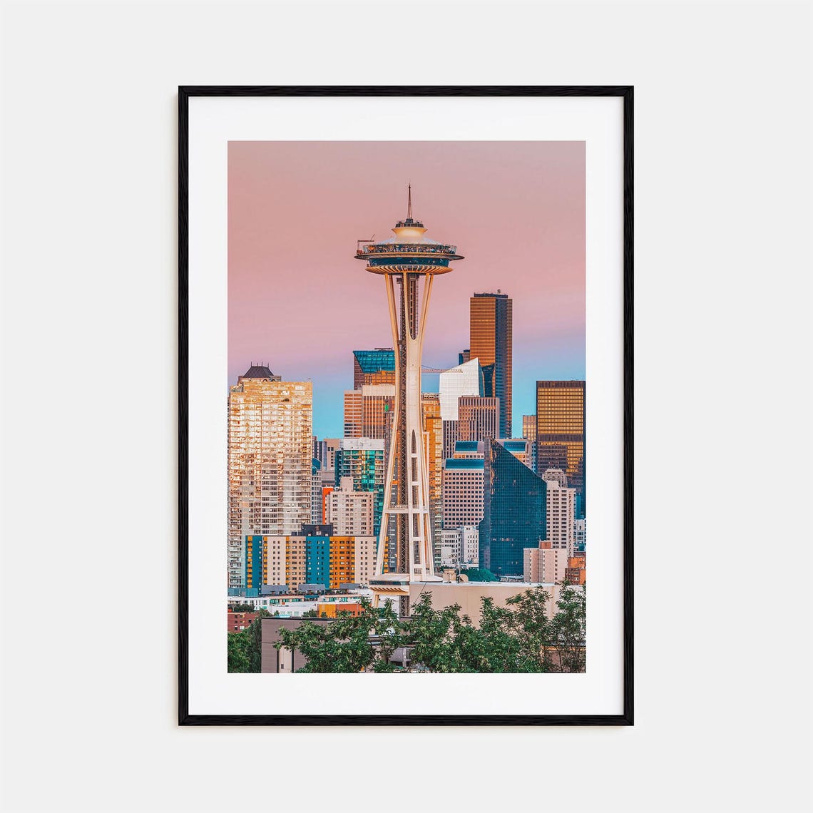 Space Needle Seattle Skyline at Pink Sunset Travel Photo Poster