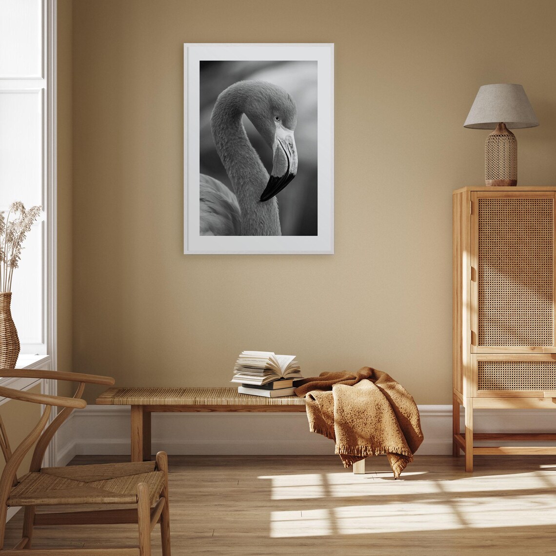 Elegant Flamingo Portrait With Curved Neck Black And White Art Poster - Image 3
