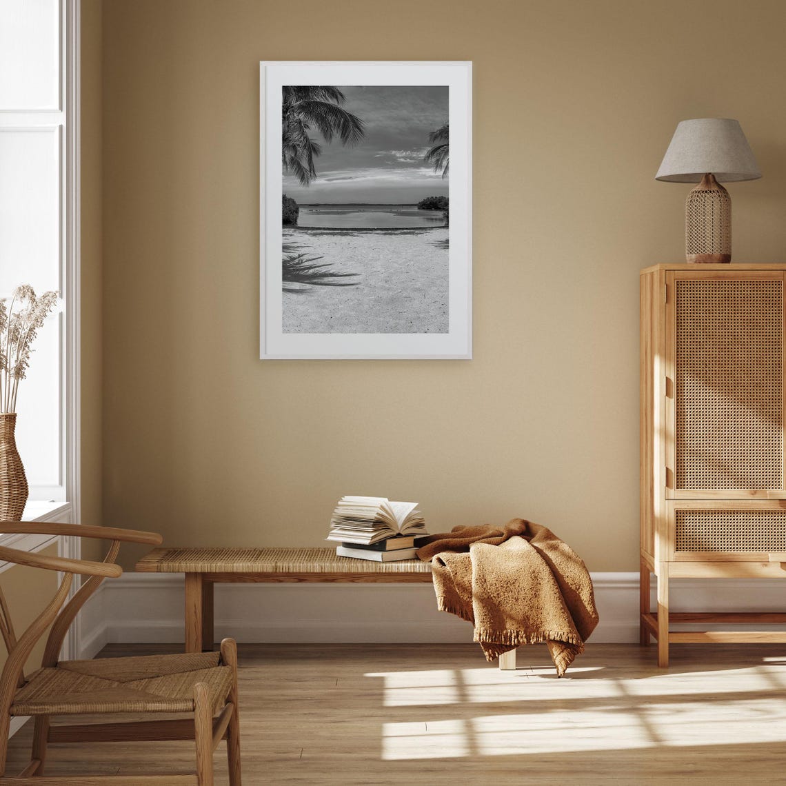 Key Largo Florida Palm Framed Beach Black and White Photo Poster - Image 3