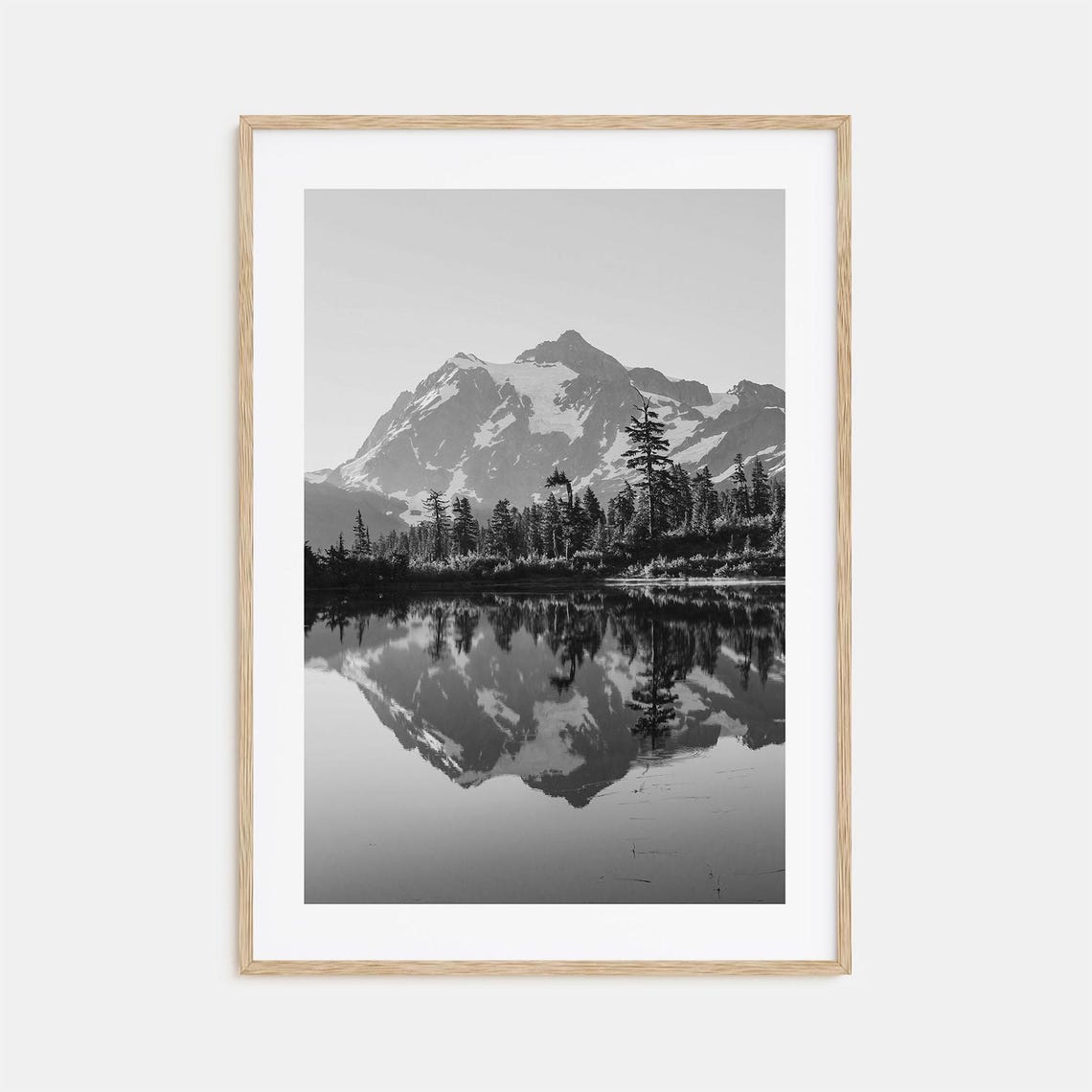 Washington Snow Capped Mountain Lake Reflection Black White Poster
