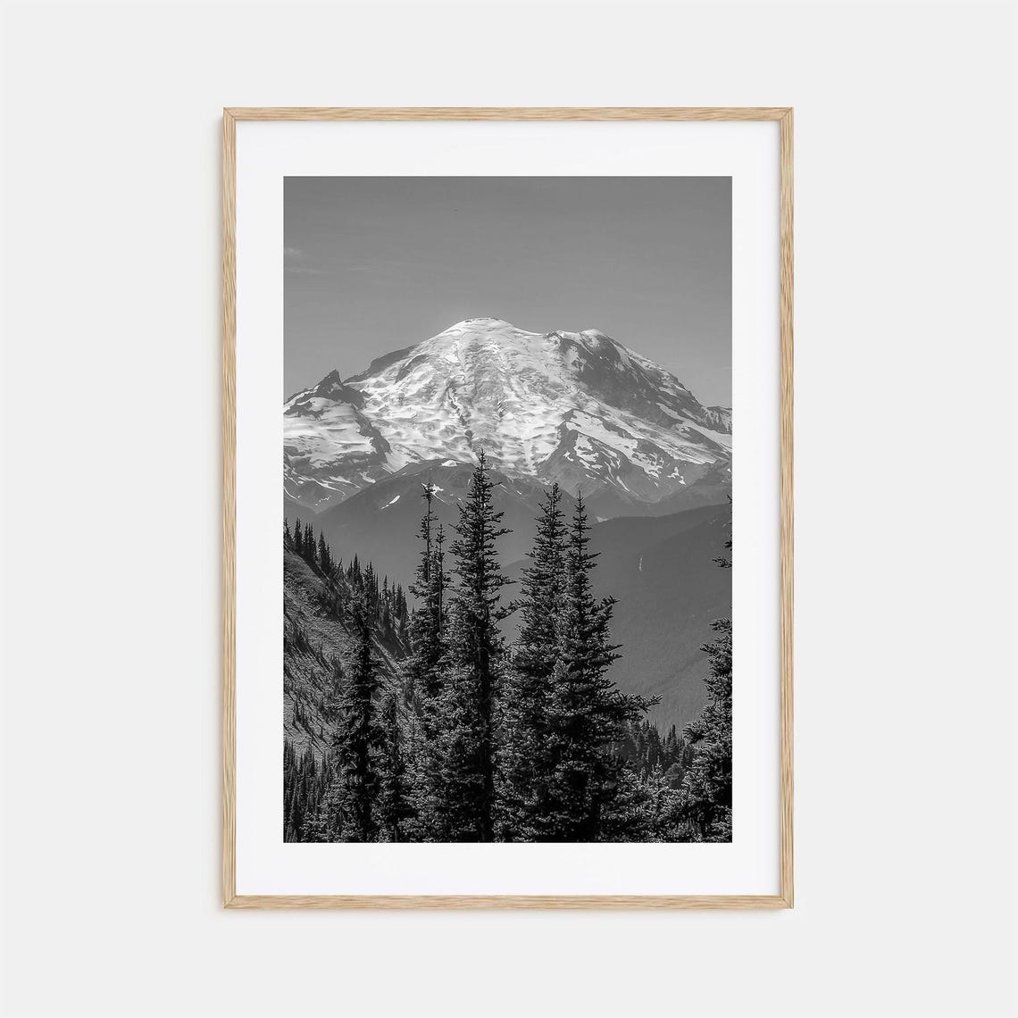 Tall Snow Capped Peak Above Evergreen Forest Black White Poster