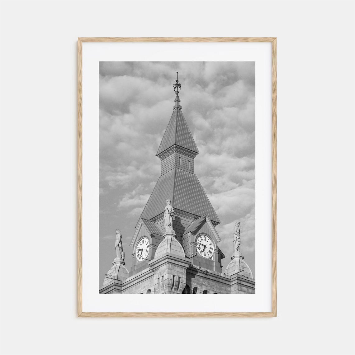 Buffalo Historic Clock Tower Statues Clouds Black White Poster