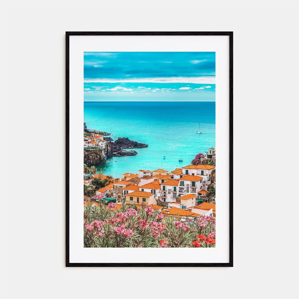 Mediterranean Coastal Village Turquoise Sea Flowers Wall Art