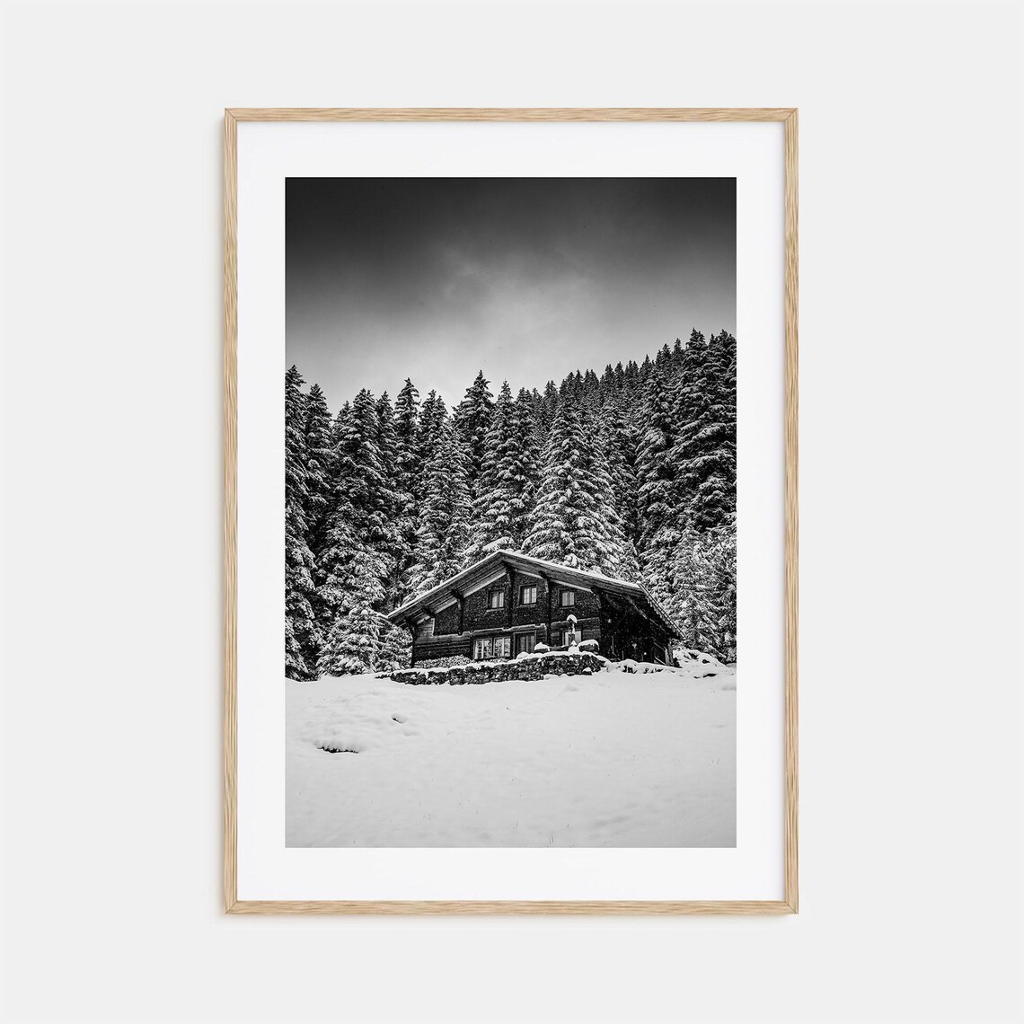 Snowy Wooden Cabin in Pine Forest Winter Landscape Photo Poster