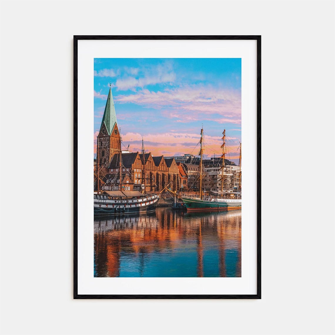 Bremen Germany Old Harbor Poster Tall Ships Sunset River Reflection