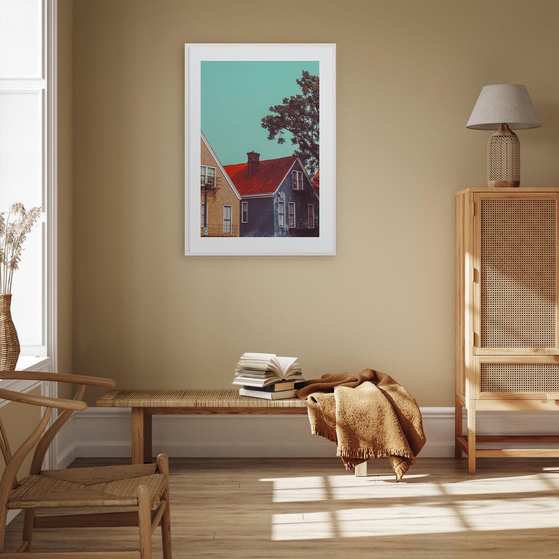 Vintage Brick Townhouses Red Metal Roof Against Teal Sky Poster - Image 3