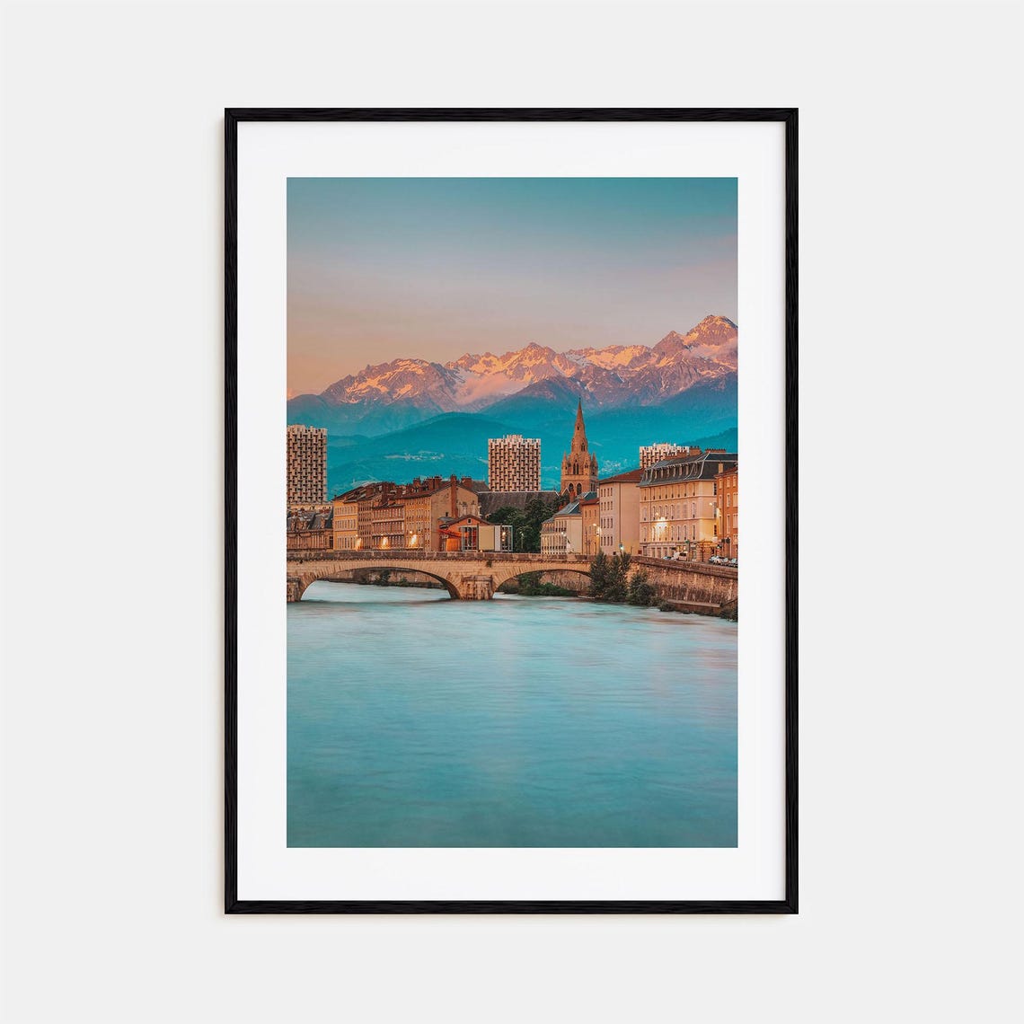 Grenoble River Bridge and Old Town With Snowy Alps Behind Poster