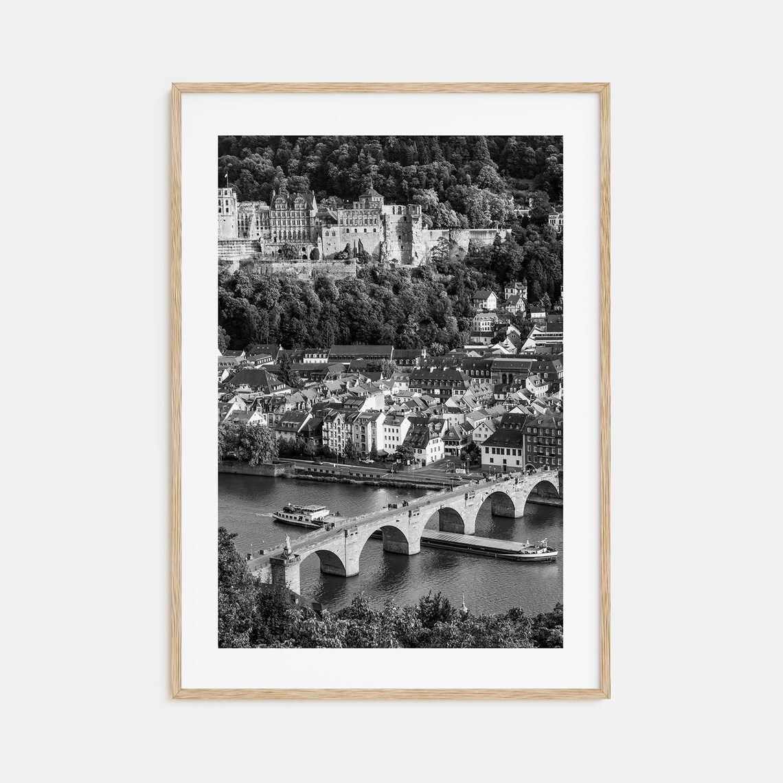 Heidelberg Castle Old Bridge Neckar River Black And White Poster