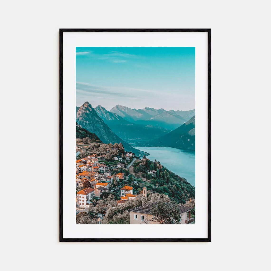 Alpine Lakeside Village Mountain Landscape Photography Art Print