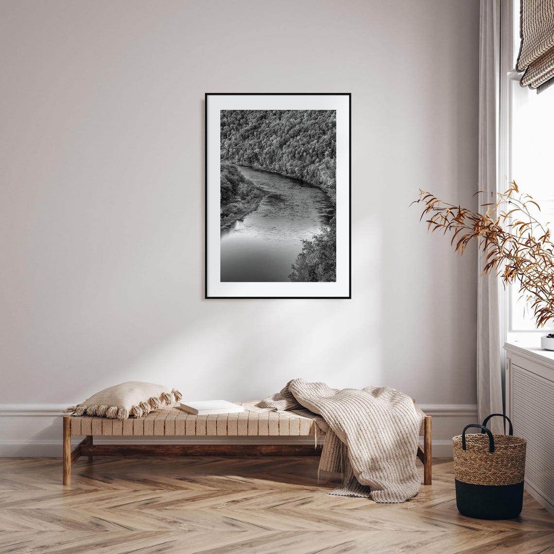 Delaware Black And White Winding River Through Forest Poster - Image 2