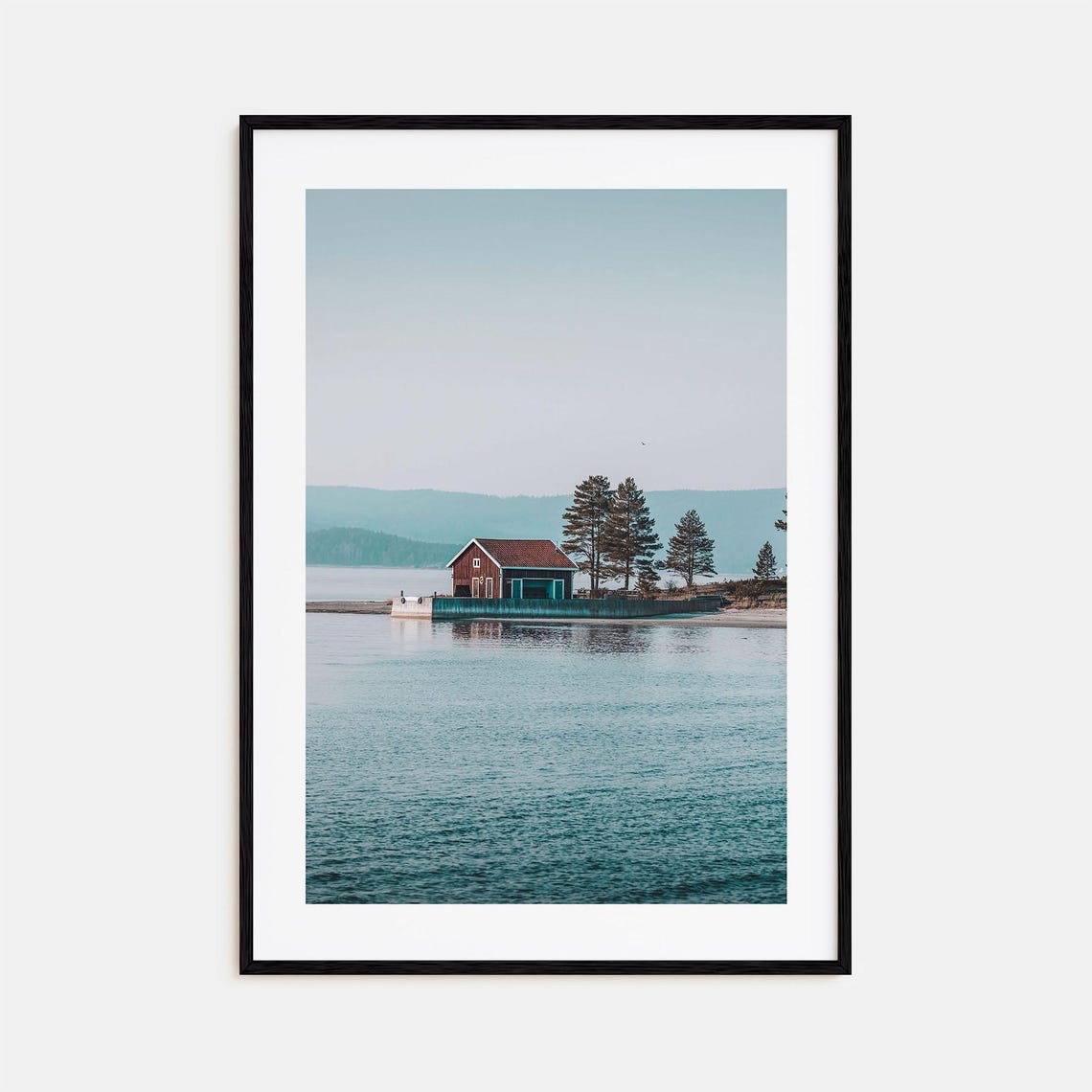 Sweden Red Wooden Boathouse on Still Water With Pine Trees Poster