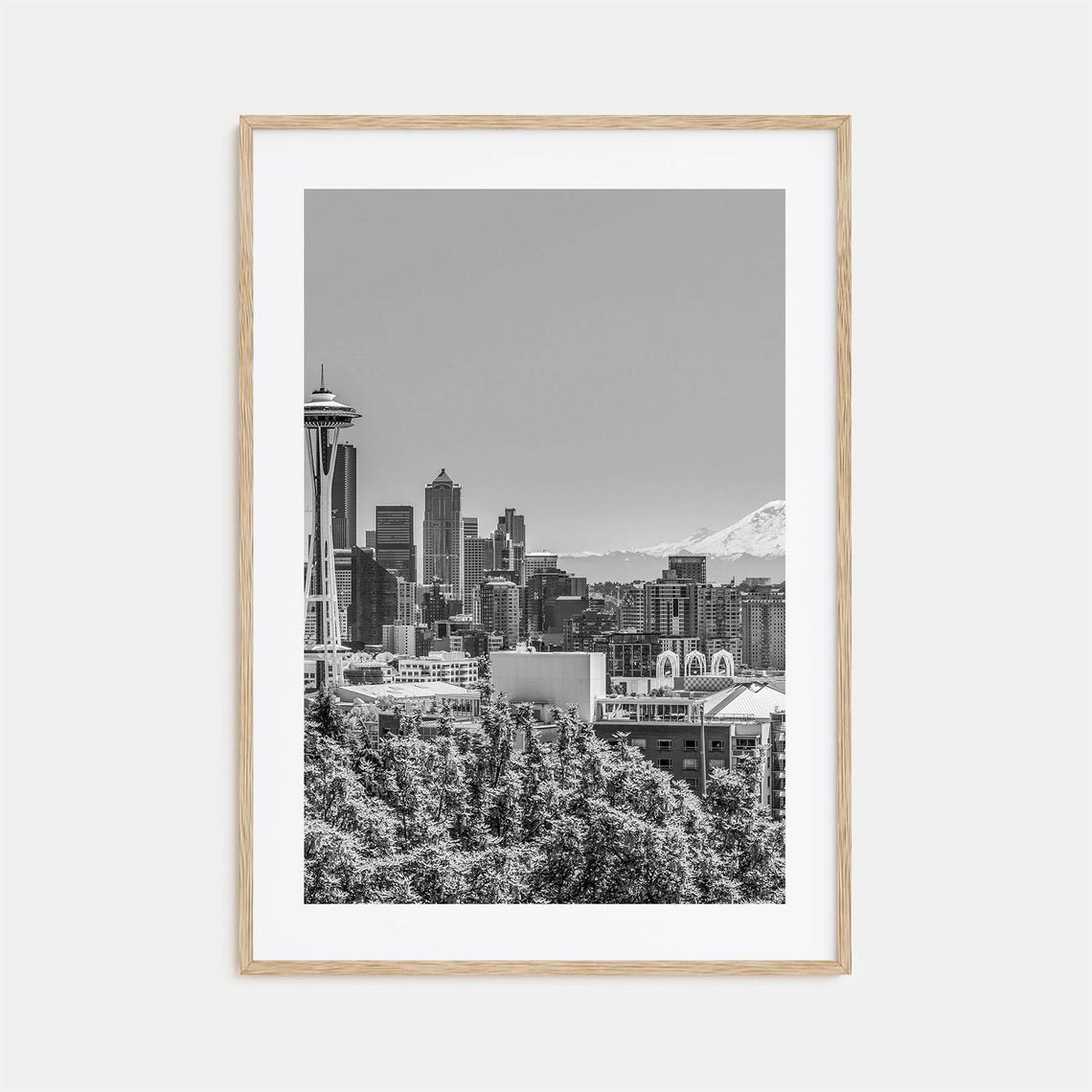 Seattle Space Needle Mount Rainier Skyline Black And White Poster