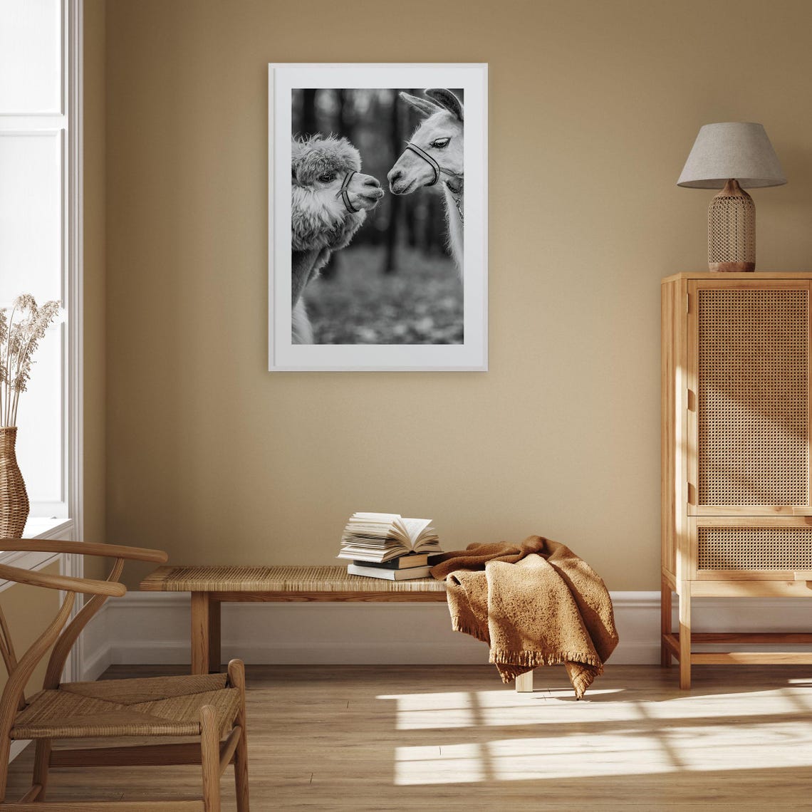 Alpaca And Llama Face To Face Nuzzling Black And White Photo Poster - Image 3