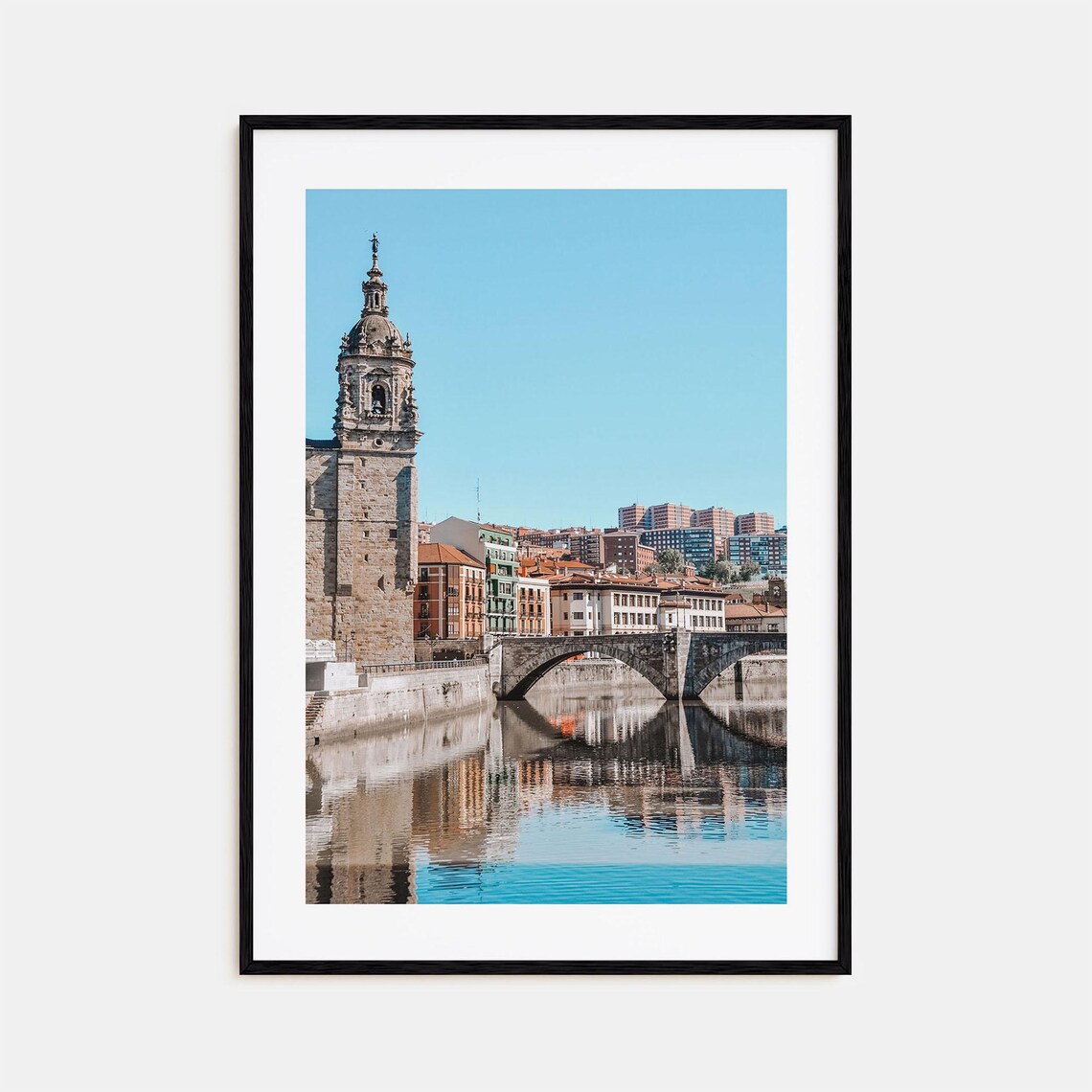 Bilbao Spain Old River Bridge and Historic Church Tower Poster