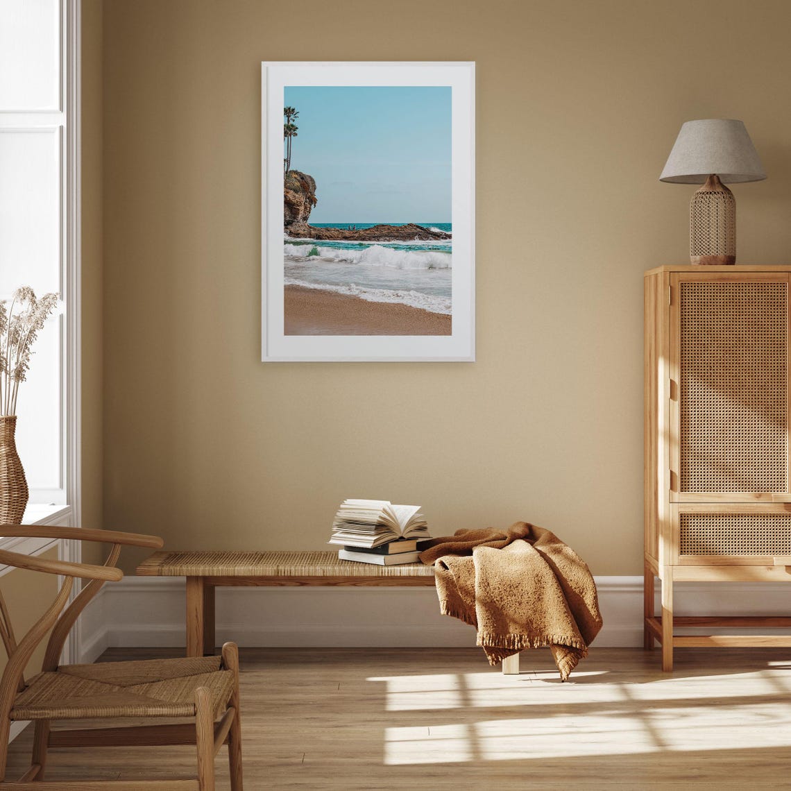 Palm Topped Rock Cliff Beach With Turquoise Ocean Waves Poster - Image 2