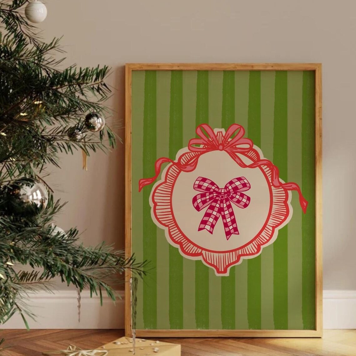 Vintage Red Bow Cameo Medallion Green Striped Christmas Poster