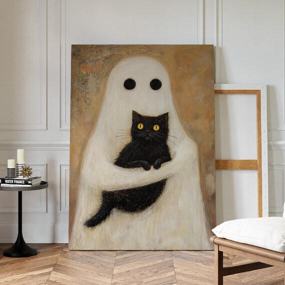 Ghost Hugging Black Cat Vintage Style Halloween Whimsical Spooky Poster