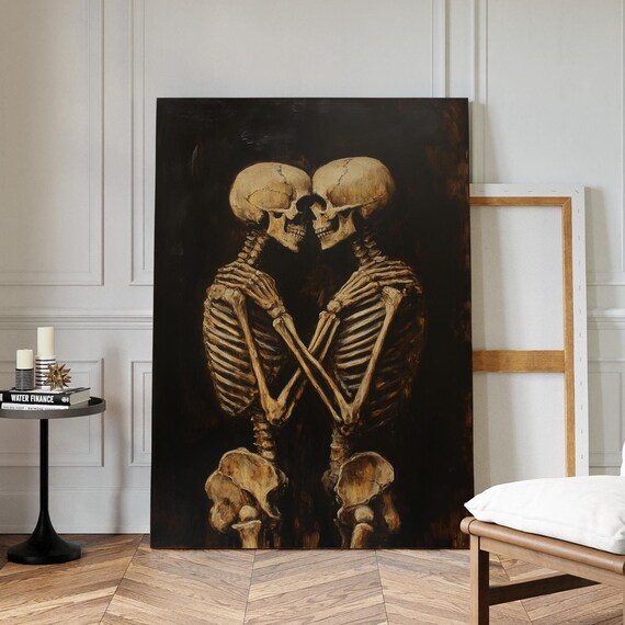 Embracing Skeletons Dark Gothic Oil Painting Moody Halloween Love Poster