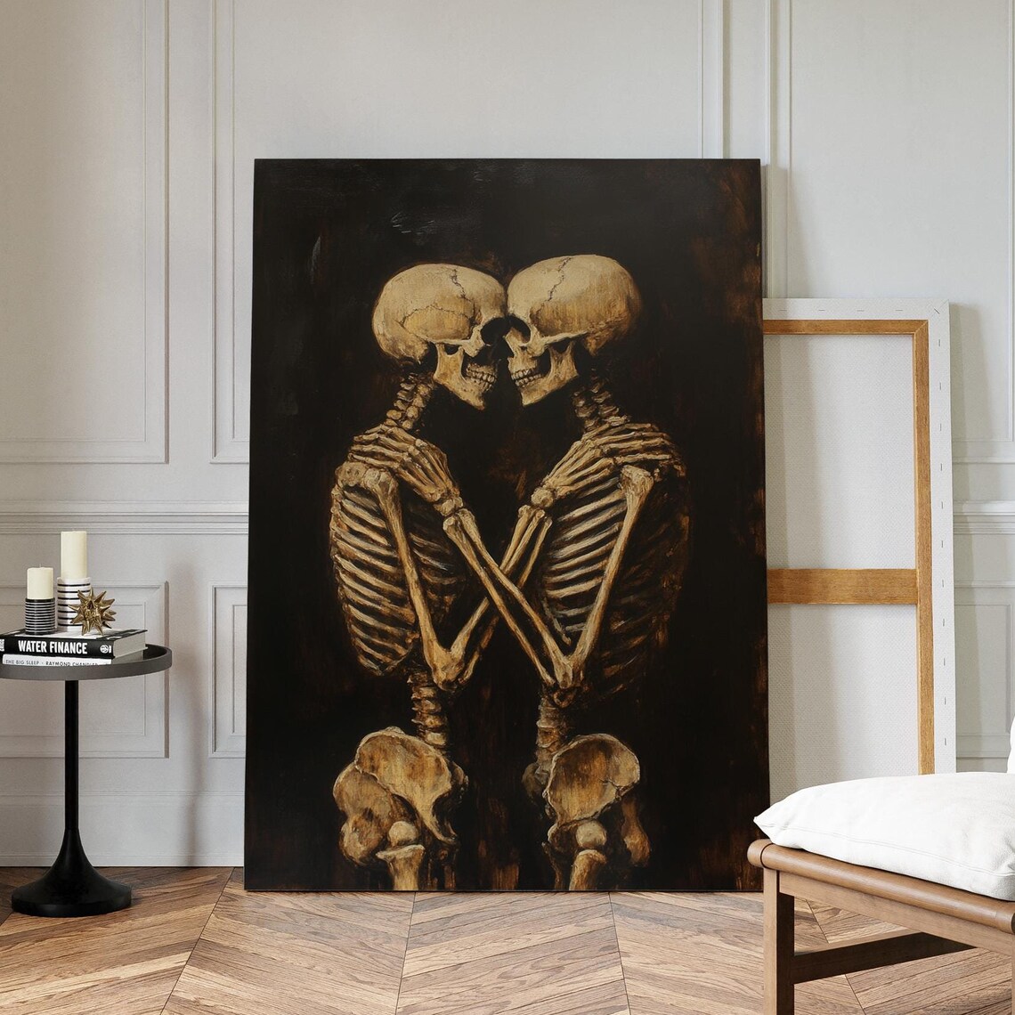 Embracing Skeletons Dark Gothic Oil Painting Moody Halloween Love Poster