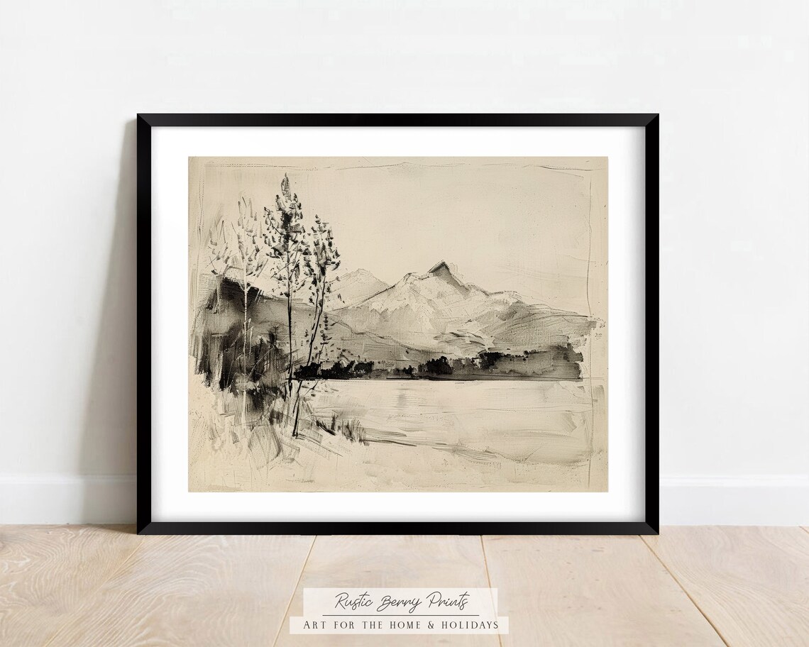 Mountain Lake Pine Trees Monochrome Ink Wash Landscape Sketch Print - Image 2