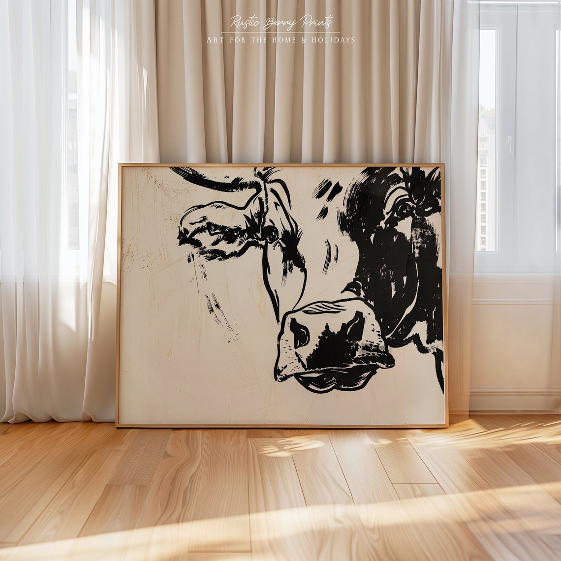 Minimalist Cow Head Ink Sketch Modern Farmhouse Animal Wall Art