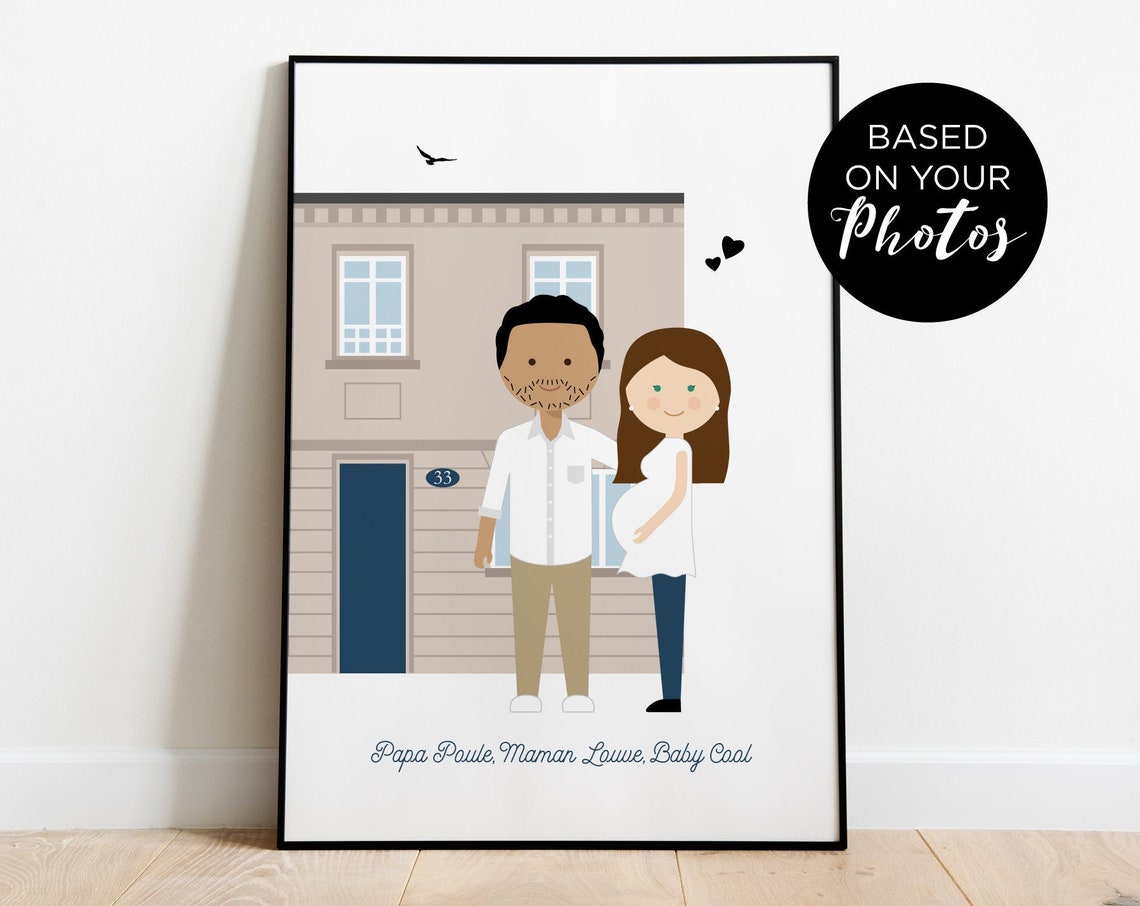Personalized Pregnant Couple in Front of House Custom Portrait Poster