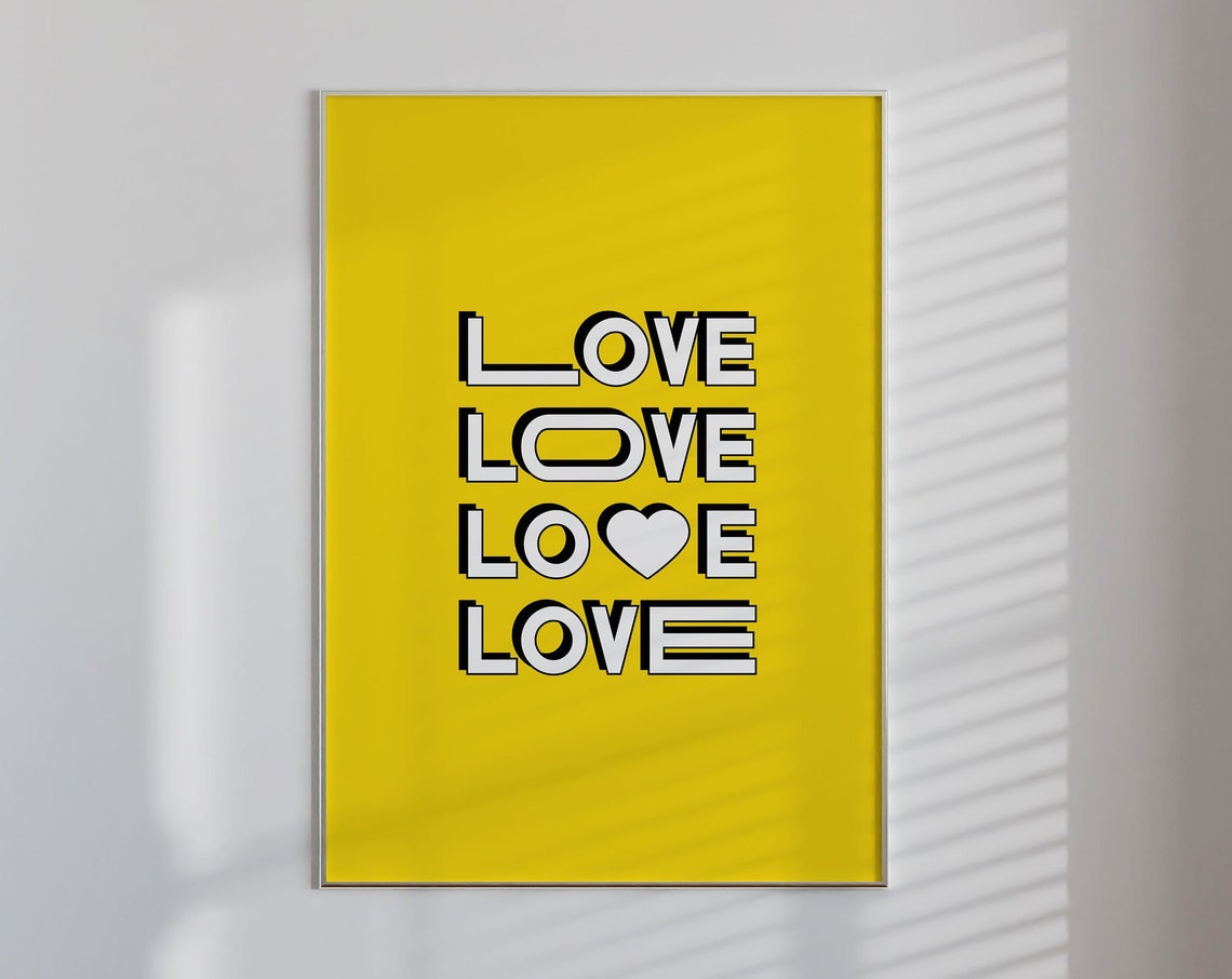 Love Heart Typography Bright Yellow Bold Love Quote Pop Art Poster