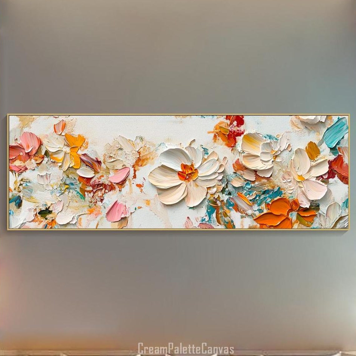 Panoramic 3D Textured Floral Impasto White Blossom Modern Decor Poster