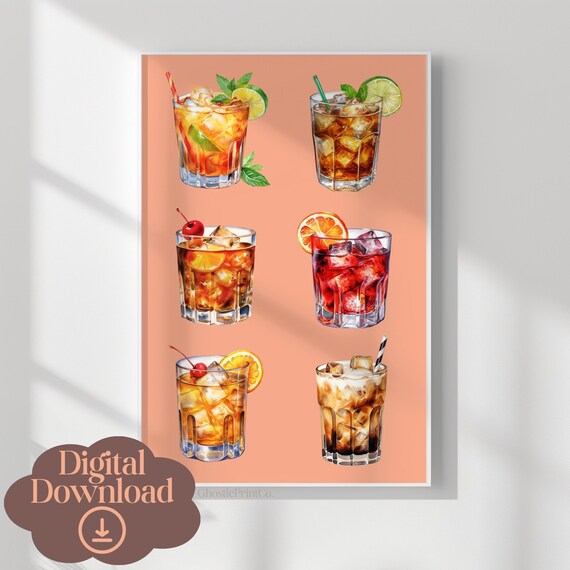 Six Colorful Summer Cocktails Watercolor Peach Bar Cart Gallery Art Poster