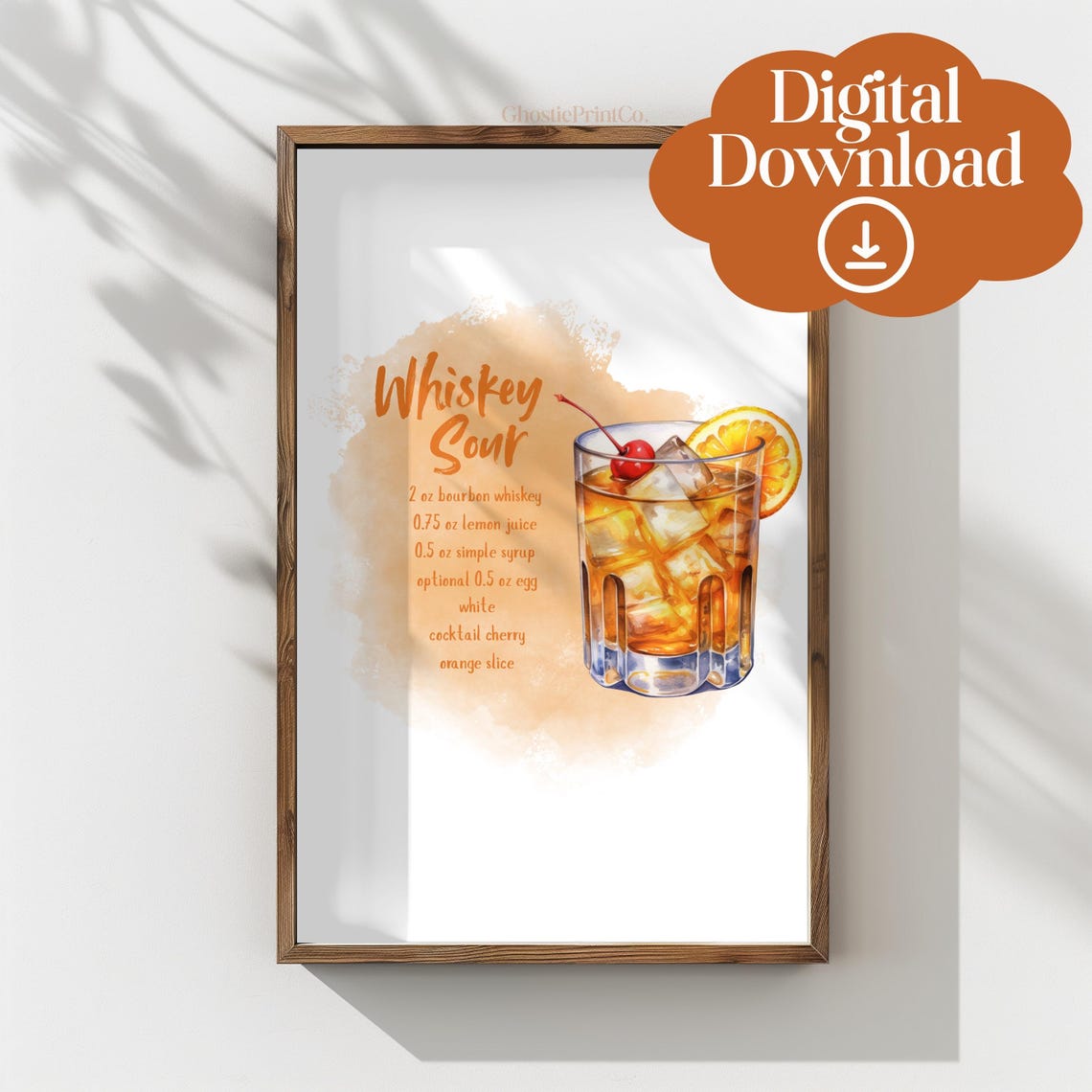 Whiskey Sour Recipe Watercolor Cocktail Bar Decor Home Poster