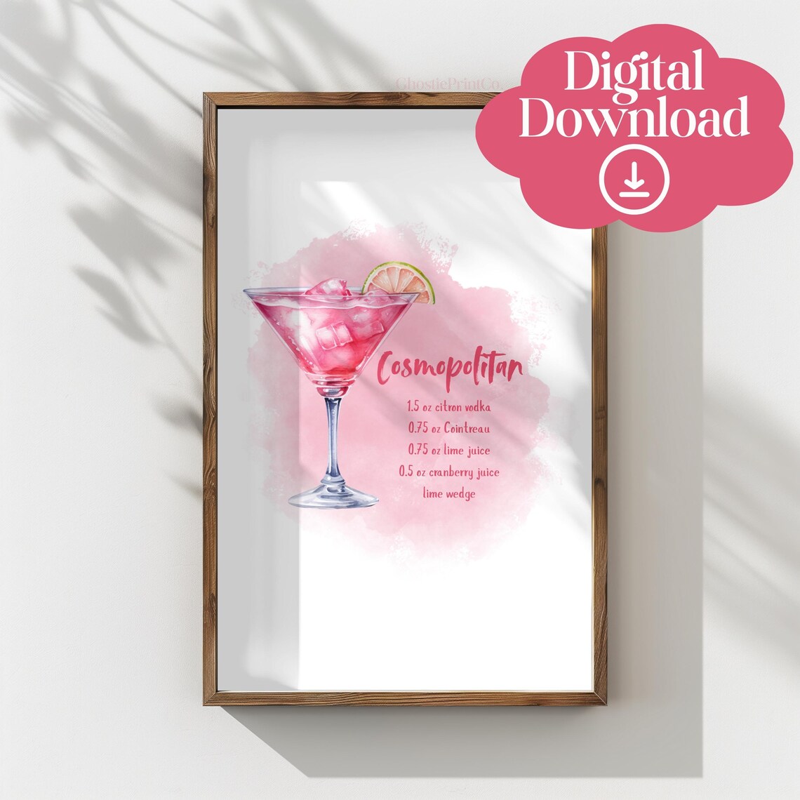 Cosmopolitan Cocktail Recipe Watercolor Bar Art Pink Drink Recipe Poster