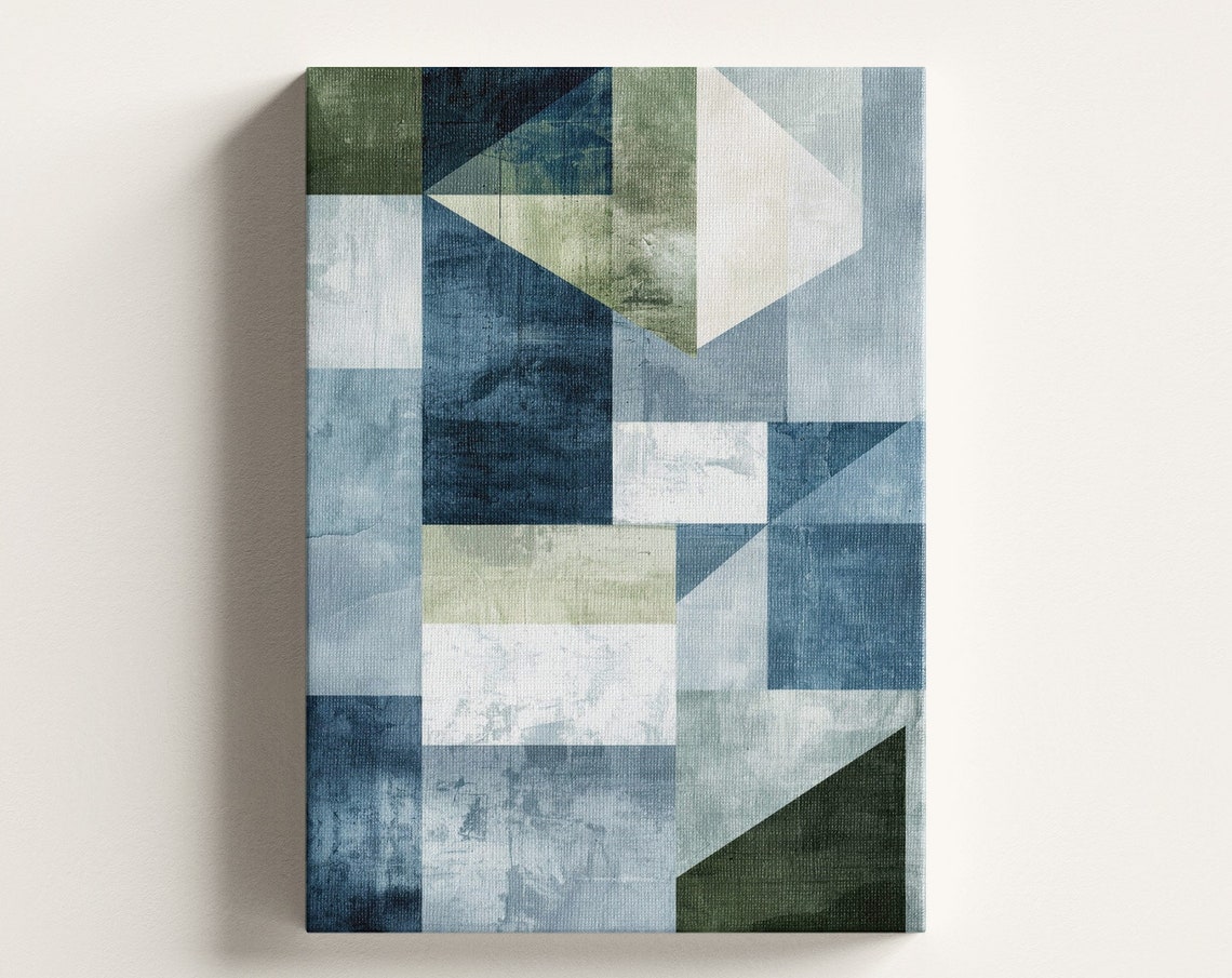 Blue Green Geometric Abstract Patchwork Scandinavian Canvas Wall Art