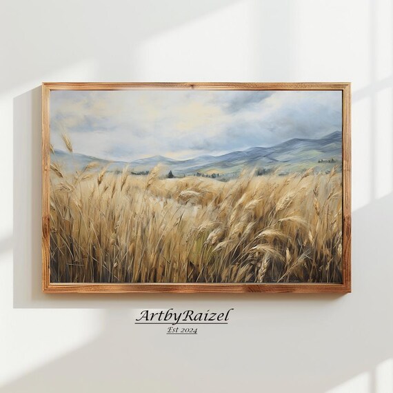 Golden Wheat Field Under Mountains Autumn Harvest Art Poster