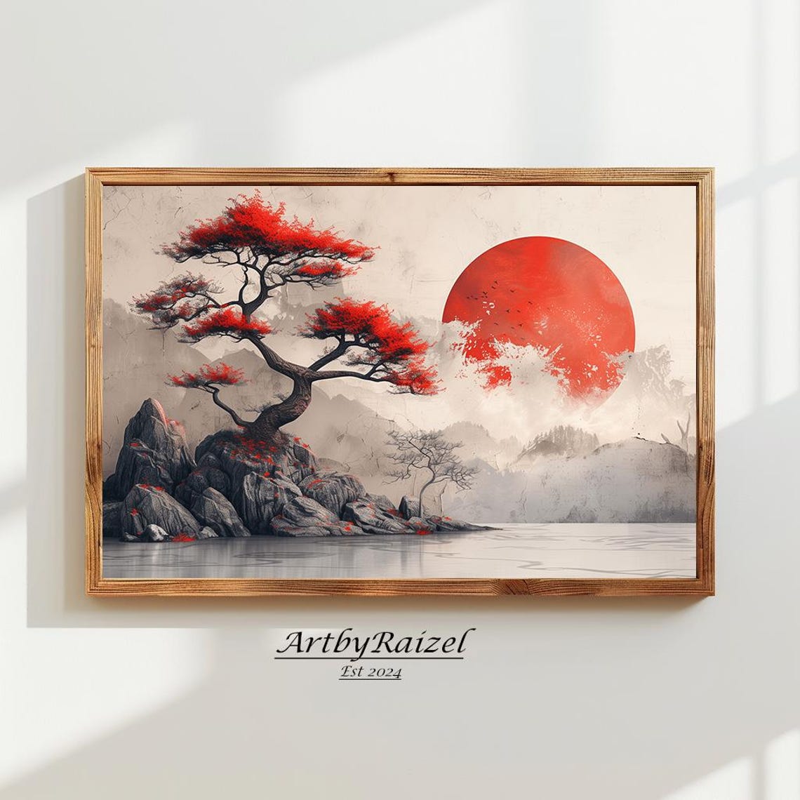 Japanese Red Pine Tree And Rising Red Sun Sumi Style Art Poster