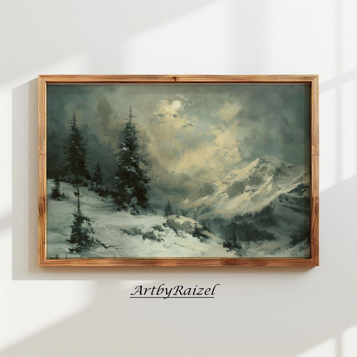 Moonlit Snowy Mountains Pine Forest Winter Night Painting Poster