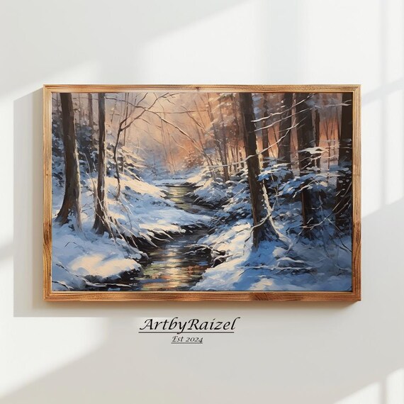 Sunlit Winter Creek Through Snowy Forest Dawn Light Art Poster
