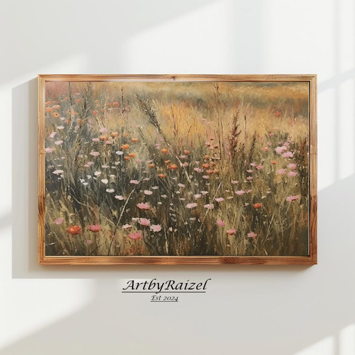 Golden Wildflower Meadow Pink Blooms Warm Field Painting Poster