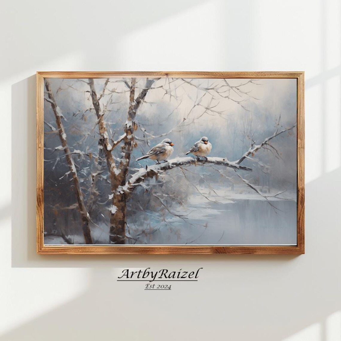 Two Little Birds On A Snowy Branch By Winter Lake Art Poster