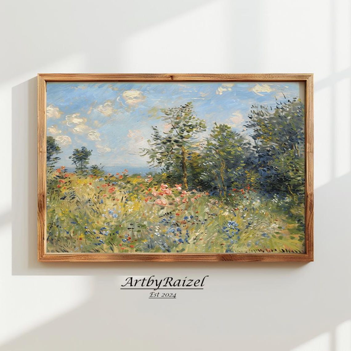 Impressionist Poppy Meadow Blue Sky Summer Flower Field Poster